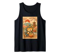 Funny Samurai Cat Slurping Ramen Under Mount Fuji and Sakura Tank Top