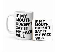 Funny Sarcastic Mug If My Mouth Doesn’t Say It My Face Will - Rude Office Humour Coffee Cup - Novelty Gag Gift for Coworkers Friends Birthday (Gift Set, White 15oz)