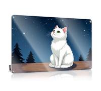 Funny Sarcastic Signs A White Cat With Green Eyes Sits On A Wooden Surface Under A Starry Night Sky. Tin Sign Warning Signs For Bedroom Room Door Decor(30X40CM)