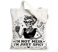Funny Sarcastic Skeleton Coffee Quote Retro Canvas Tote Bag 13x15 Inch | Humorous Coffee Quote, Retro Skeleton Illustration, Sassy Attitude Theme, Spicy Chili Pepper Graphics