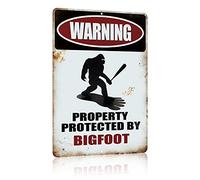 Funny Sasquatch Gift Metal Sign Warning Property Protected by Bigfoot Gifts Tin Signs Vintage Garage Garden Forest Back Yard Decor for Wall/Porch 8x12 Inch