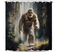Funny Sasquatch Shower Curtain Misty Forest Green Pine Watercolor Fir Tree Farmhouse Rustic Wild Man Country Hunting Interesting Bathroom Decor Set Polyester Fabric with Hooks 60X70 Inch