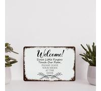 Funny Sayings Vintage Aluminum Plaque Since Little Fingers Touch Our Floor,Please Leave Your Shoes At The Door Metal Tin Sign Wall Decoration 8x12in for Cafe Coffee Bars Restaurants Pubs Man Cave Deco