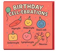 Funny Science Pun Birthday Card - 'Birthday Cell-ebrations' with Cute Cartoon Cells, Confetti and Balloons - For Biology Nerds, Teachers, Doctors and Med Students
