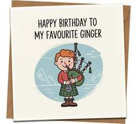 Funny Scottish Birthday Card - Happy Birthday to My Favourite Ginger, Bagpiper Cartoon, 145mm x 145mm Square Greeting Card with Kraft Envelope for Men Women Friends