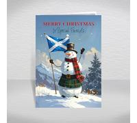 Funny Scottish Christmas Card for Special Friends - Humorous Snowman in Tartan Kilt Holding St Andrew’s Flag, A5 Greeting with Verse: Special Friends Christmas Card