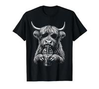 Funny Scottish Highland Cow Drinking Iced Coffee Value Graphic T-Shirt, Men, Black, XL