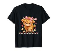 Funny Scottish Highland Cow Pink Polka-Dot Bow Grumpy Hearts T-Shirt
