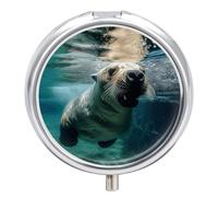 Funny Sea Lion Pill Box Cute Round Pill Case Portable Medicine Tablet Vitamin Holder Organizer for Purse Pocket