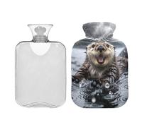 Funny Sea Otter in The Rain Hot Water Bottle with Soft Cover, 1 Liter Hot Water Bag for Shoulder Period Pain Relief, PVC Hand Feet Warmer