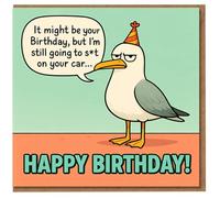Funny Seagull Birthday Card - Cheeky Humour 'I'm still going to s*t on your car' - Happy Birthday Seagull with Party Hat - Rude Card