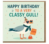 Funny Seagull Birthday Card - 'Happy Birthday to a Very Classy Gull!' Pun, Party Hat & Heart Sunglasses, Chips Illustration - Humorous Coastal Theme for Friends & Family