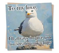 Funny Seagull Happy Anniversary Card For Partner, Loved One - Quirky - To My Love I'll Always Forgive You For Stealing My Chips - For Husband, Wife, Boyfriend, Girlfriend, Loved One