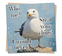 Funny Seagull Happy Anniversary Card For Partner, Loved One - Quirky - Who Me? Steal Your Chips? I Would Never! - For Husband, Wife, Boyfriend, Girlfriend, Loved One