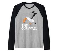 Funny Seagull With A Cornish Pasty I Love Cornwall Raglan Baseball Tee