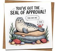 Funny “Seal of Approval” Pun Greeting Card - 145mm x 145mm - Congrats/Well Done/Good Luck - Cute Seal & Crab Design - Kraft Envelope Included