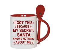 Funny Secret Santa - “I Got This Because My Secret Santa Knows Nothing About Me” Christmas Gag Gift for Friends, Holiday Exchange Gift,11oz Inside Colour with Spoon Ceramic Coffee-Tea Mug. (Red)