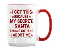 Funny Secret Santa - “I Got This Because My Secret Santa Knows Nothing About Me” Christmas Gag Gift for Friends, Holiday Exchange Gift,15oz Ceramic Coffee, Tea Mug. (Red Inside)