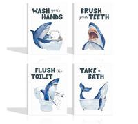 Funny Shark Framed Canvas Bathroom Wall Decor (Set of 4, 8 x 10 inches), Ocean Blue Shark Bathroom Rules Art Print for Nursery Kids, Wash Brush Flush Bath Sign Poster