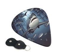 Funny Sharks Design Guitar Picks 6 Pack with Leather Guitar Pick Holder Keychain, Plectrum Key Fob Cases Bag, Abstract Art Plectrum for Acoustic Electric Guitar, Ukulele 0.46mm