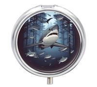 Funny Sharks Design Pill Box Medicine Pill Organizer 3 Compartment Daily Pill Case Small Pill Container Round Pill Holder Travel Pill Box Metal Pill Case for Purse Pocket