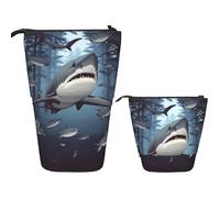 Funny Sharks Design Telescopic Pencil Cases Standing Pencil Pouch with Zipper Pen Bag for Office Essentials Cosmetics