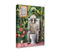 Funny Sheep on Toilet Canvas Wall Art Animal Read Newspaper Picture 1P Tropical Plant Posters Prints Cute Modern Artwork for Living Room Bedroom Home Decor Framed Gallery-Wrapped Ready to Hang