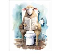 Funny Sheep Sitting on Toilet Reading Newspaper 11x14 Unframed Wall Art Print Poster. Cool and Cute Animal Fun Humor Bathroom Restroom Décor. Unique Christmas Birthday Mothers Day Gift