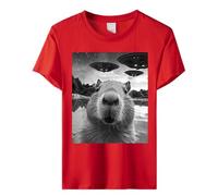 Funny Shirts Funny Capybara Selfie with UFOs Weird Capybara Lovers T-Shirt Party Tunic Tops for Work UK Printed T-Shirt Round Neck Casual Tops Humor Long Sleeve T-Shirt (Red, M)