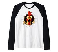 Funny Shocked Chicken Rooster Cracks Mug Wall Crazy Farm Raglan Baseball Tee