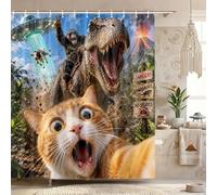 Funny Shower Curtain, Fun Cat Selfie with Dinosaur Alien UFO Shower Curtain Set, Hilarious Gorilla Riding Dinosaur Shower Curtain for Bathroom, Crazy Novelty Animal Bath Curtain with Hooks, 72X72