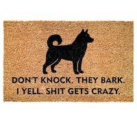 Funny Siberian Husky Entrance Doormat - Don't Knock They Bark I Yell Gets Crazy - Bold Quote for Porch - Patio - Indoor Decor - Durable Non Slip Floor Mat - Pet Owners - Everyday Use