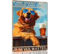 Funny Sign 8x12 Inch Time Spent With Dogs And Beer Is Never Wasted Vintage Bar Home Bathroom Golden Retriever Decor Wall Decoration Tin Sign