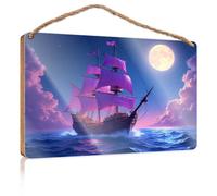 Funny Sign Decor Fantasy Pirate Ship Sailing Under The Full Moon Wooden Sign Funny Signs For Bedroom Retro Decor(20X30CM)
