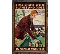 Funny Sign for Front Door Time Spent with Plants and Dogs is Never Wasted Retro Tin Signs Unique Home Decorations Cute Wall Decor Metal Poster for Bedroom Office Kitchen 8x12 Inch