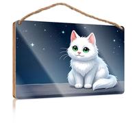 Funny Signs for Bar A Fluffy White Cat with Green Eyes Sits On A Rooftop Under A Starry Night Sky Wooded Sign Gift for Boss Woman Funny Room Decor(20X30CM)