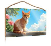 Funny Signs for Bathroom A Ginger Cat Sits On A Stone Ledge with Flowers and Blue Sky in The Background Kitchen Sign Decor Outdoor Decorations for Patio(15X28CM)