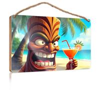 Funny Signs for Bathroom Tiki Statue Enjoying A Tropical Cocktail On The Beach Kitchen Sign Decor Outdoor Decorations for Patio(20X30CM)