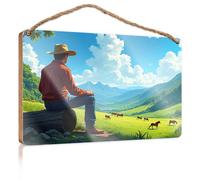 Funny Signs for Bedroom A Cowboy Sits On A Log, Gazing At Horses Grazing in A Lush Valley Funny Signs for Bathroom Restroom Decor(23X35CM)