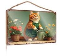 Funny Signs for Bedroom A Ginger Cat in an Apron Waters Flowers Wooded Sign Porch Decorations Outdoor Farmhouse Signs(23X35CM)