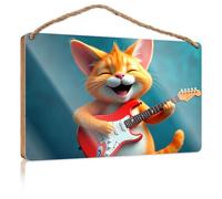 Funny Signs for Bedroom A Happy Cartoon Cat Playing an Electric Guitar Funny Signs for Bathroom Restroom Decor(15X28CM)