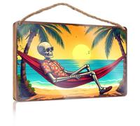 Funny Signs for Bedroom A Skeleton Lounges in A Hammock On A Tropical Beach Funny Signs for Bathroom Restroom Decor(23X35CM)