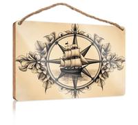 Funny Signs for Bedroom Nautical Compass with Sailing Ship and Floral Design Funny Signs for Bathroom Restroom Decor(15X28CM)