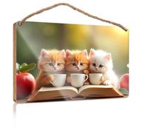 Funny Signs for Bedroom Three Kittens Drinking Tea from Cups On an Open Book Funny Signs for Bathroom Restroom Decor(20X30CM)