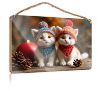 Funny Signs for Bedroom Two Kittens Wearing Winter Hats Sit Together Funny Signs for Bathroom Restroom Decor(23X35CM)