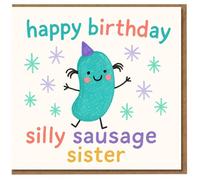 Funny Sister Birthday Card - Happy Birthday Silly Sausage Sister, Cute Doodle Character with Party Hat