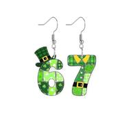 Funny Six Seven Gesture Wooden Drop Earrings for Women Green Hat Lucky Clover St. Patrick's Day Acrylic Dangle Earring Creative 6 7 Number Theme Pencil Earrings Holiday Jewelry, Wood Acrylic, Agate