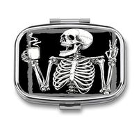 Funny Skeleton Art Pill Box 2-Compartment Portable Pill Case Square Metal Medication Organizer Small Weekly Medication Case with Mirror Stylish Vitamin Holder for Purse Pocket Travel
