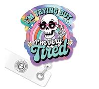 Funny Skeleton Badge Reel, I'm Trying But I'm Very Tired Retractable Holder Glitter with Alligator Clip, Spooky Ghost Skull Badge Reels for Nursing Doctor Medical Work Office Accessories