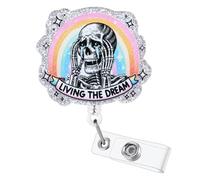 Funny Skeleton Badge Reel, Living The Dream RN Badge Buddy, Personalized ID Name Work Badge Holder with Retractable Clip for Pharmacy LPN CNA MA Nurse Doctor Nursing Student and Medical Workers